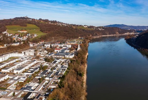 Drone image, housing estate, apartment blocks and high-rise estate, Puchenau, Linz Land district,