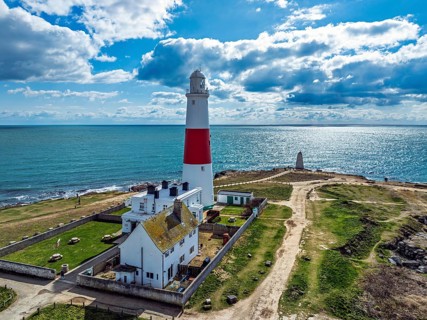 Portland Bill Lighthouse from a drone, Portland Bill, Isle of Portland, Dorset, England, United