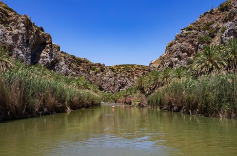 Preveli Beach, Kourtaliatiko Gorge with palm grove, south coast, Crete, Greece, Europe