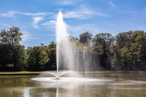 Large fountain on the mirror pond, Zabeltitz Castle Park, Großenhain, Saxony, Germany, Europe