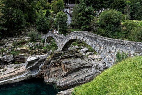 Old Roman bridge Ponte dei Salti over Verzasca, Lavertezzo, Verzasca Valley, Valle Verzasca, Canton