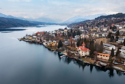 Drone shot, view of the town, Millstatt, Lake Millstatt, Carinthia, Austria, Europe