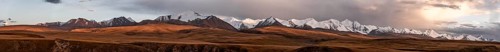 Panorama, Glaciated and snow-capped mountains, dramatic landscape at sunset, autumnal mountain