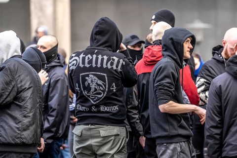 The neo-Nazi group Jung und Stark, JS, demonstrates in the city centre of Essen, demanding the