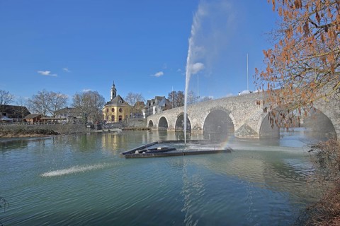 Historic Old Lahn Bridge and Hospital Church, Lahn, fountain, water features, stone arch bridge,