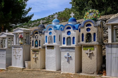Theologos, Thassos, Greece - Greek Orthodox cemetery with traditional small prayer chapels in the