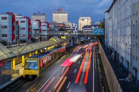 Essen, North Rhine-Westphalia, Germany, motorway A40 in the city centre, exit Essen Zentrum, during