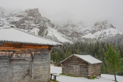 Huts on an alpine meadow at the foot of the Peitlerkofel in the snow, Passo delle Erbe, Würzjoch,