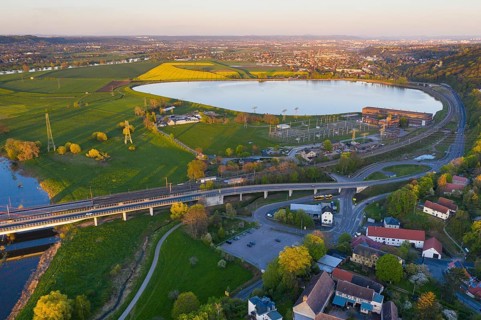 Aerial view of the reservoir with buildings of the former Niederwartha pumped storage plant, in the