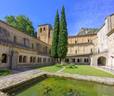 Fish pond and cloister in the abbey of Gellone, also Saint-Guilhem-le-Désert monastery, Département