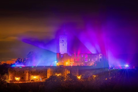 The castle in the town of Königstein im Taunus is brightly illuminated in the evening. From 18