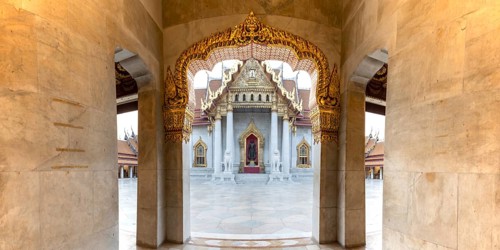 Marble temple, made of Carrara marble, Wat Benchamabopit, back of the Ubosot, temple in the Dusit