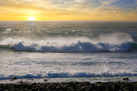 Surf on the west coast, black lava coast, coastline, sunset, El Golfo, Yaiza, Lanzarote, Spain,