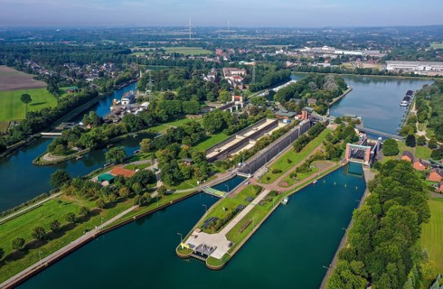 Waltrop, North Rhine-Westphalia, Germany - Waltrop boat lift and lock park. The four descending