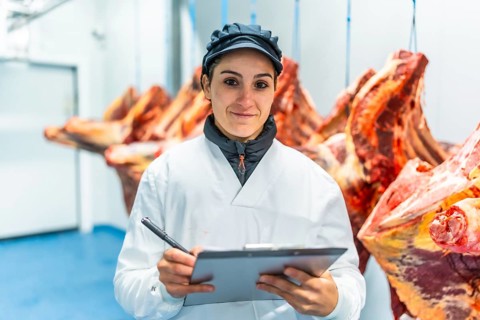 Portrait of a woman working in a meat processing factory writing notes in a clipboard