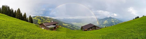 Alpine huts, view over the Brixen Valley with rainbow, Hochbrixen, Brixen im Thale, Kitzbühel Alps,