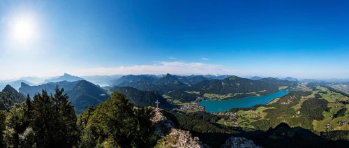 Drone shot, summit cross on the Frauenkopf with a view of Lake Fuschl, Osterhorn group,