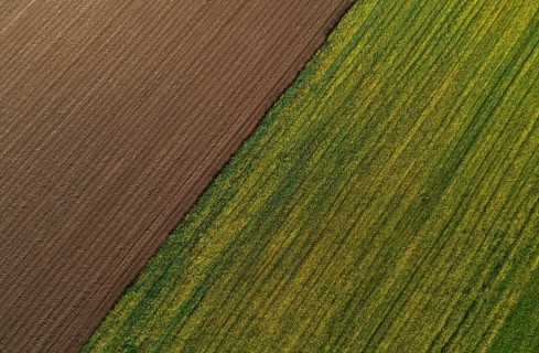 Drone view, green and ploughed fields, agricultural landscape, Innviertel, Upper Austria, Austria,