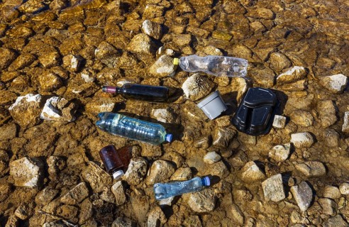 Environmental pollution, Household waste washed up on the lake shore, Plastic and glass bottles,