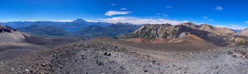 Panorama of the view from the summit of the Achen Niyeu volcano over the volcanic landscape in