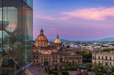 Mexico, Central Guadalajara Cathedral panoramic view in historic center Plaza de Armas, Central