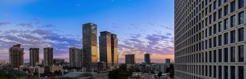 Israel, Tel Aviv financial business district skyline with shopping malls and high tech offices,
