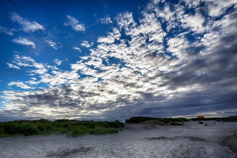 Sandy beach beach, evening sky, spring clouds, Carne Beach, Wexford, Gerrans Bay, Roseland