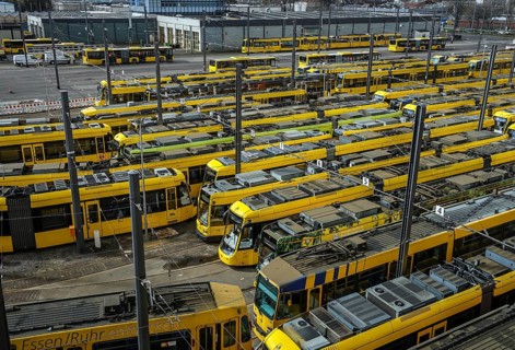 Essen, North Rhine-Westphalia, Germany, Trams at Ruhrbahn depot, Verdi and EVG warning strike,