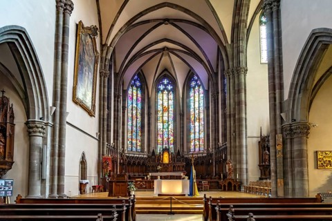 Interior of the Roman Catholic church of St-Grégoire or St Gregory in Ribeauville, Alsace, France,