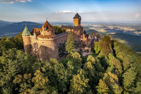 The Haut-Koenigsbourg Castle seen from the air, Orschwiller, Alsace, France, Europe