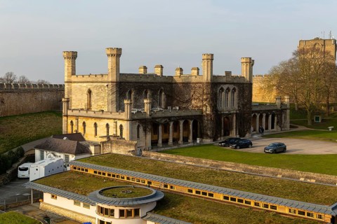 View from medieval walls of Crown Court building inside Lincoln Castle, city of Lincoln,