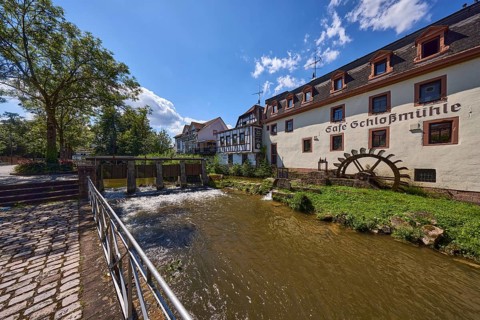 Castle mill, river Mümling, watermill, half-timbered house, historical building, metal railing,