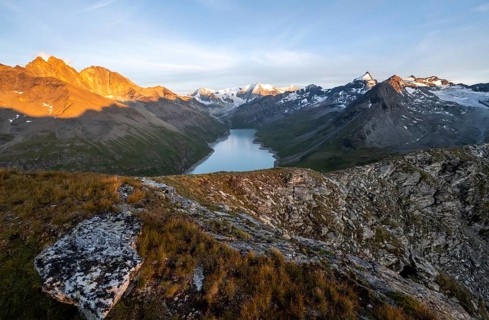 Picturesque mountain landscape at the summit Mont de la Blana at sunset, view of blue mountain