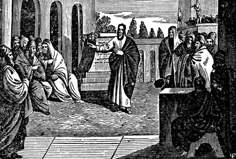 Apostle Paul in Athens proclaiming the unknown God and the Gospel at a public meeting place,