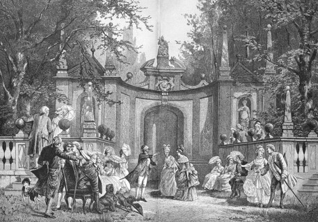 Fine society playing Blindekuh, Blinde Kuh, c. 1880, Germany, Reproduction of an original, c. 1900,