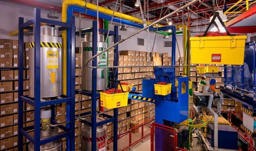 LEGO factory, granulate, transport, warehouse, production facility, manufacturing, LEGOLAND theme
