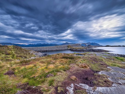 Storeisundbrua at blue hour, Storeisund Bridge, Atlantic Road, Atlanterhavsveien, clouds, sea,