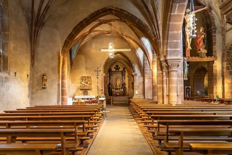 Interior of the Church of the Holy Cross Invention-de-la-Sainte-Croix in Kaysersberg, Alsace,