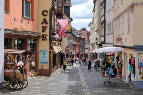 Marburg, Hesse, Germany, old town, pedestrian zone in the upper town, shops in Wettergasse, Europe
