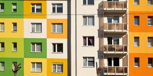 Geometrically and colourfully designed apartment buildings of a housing association, Halberstadt,