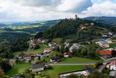 Drone shot, view of the town, Waxenberg castle ruins, Waxenberg, Mühlviertel, Upper Austria,
