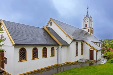 1865 wooden Tórshavn Cathedral, Havnar Kirkja on Tinganes in the old town Thorshavn, capital city