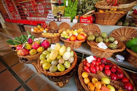 Fruit and vegetables, Mercado dos Lavradores market hall, interior view, Funchal, Madeira,