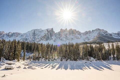 Beautiful landscape of the Mountain silhouettes of the Sexten Dolomites on a sunny winter day,