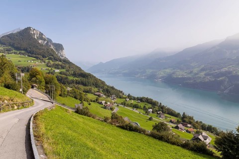 View of Amden with Chapf and Lake Walen, St.Gallen, Switzerland, Europe
