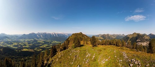 Drone shot, summit of the Einberg with a view of the Lammertal and Tennengebirge mountains,