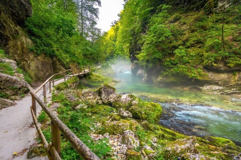 Breathtaking scenery of vintgar gorge with wooden walkway along radovna river near bled, slovenia,