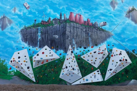 Climbing wall with surreal mural, flying city, by artist duo TUBUKU, Voltaplatz skate park,