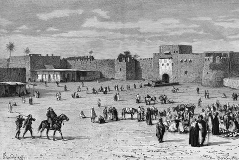 Marketplace at the northern city gate of Baghdad, merchants, trade, city wall with battlements,
