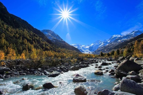 Mountain stream, larch forest, Piz Palü, 3905 m, Piz Bernina, 4049 m, Biancograt, Morteratsch